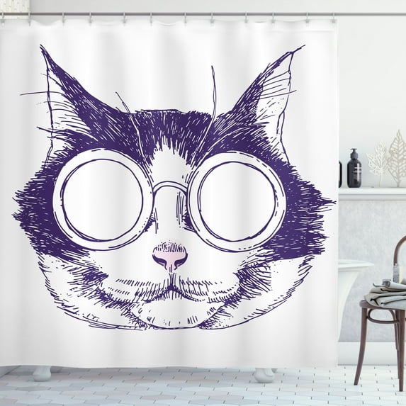 Ambesonne Cat Lover Shower Curtain, Funny Cool Pet Sunglasses, 69"Wx84"L, Indigo Pale Pink