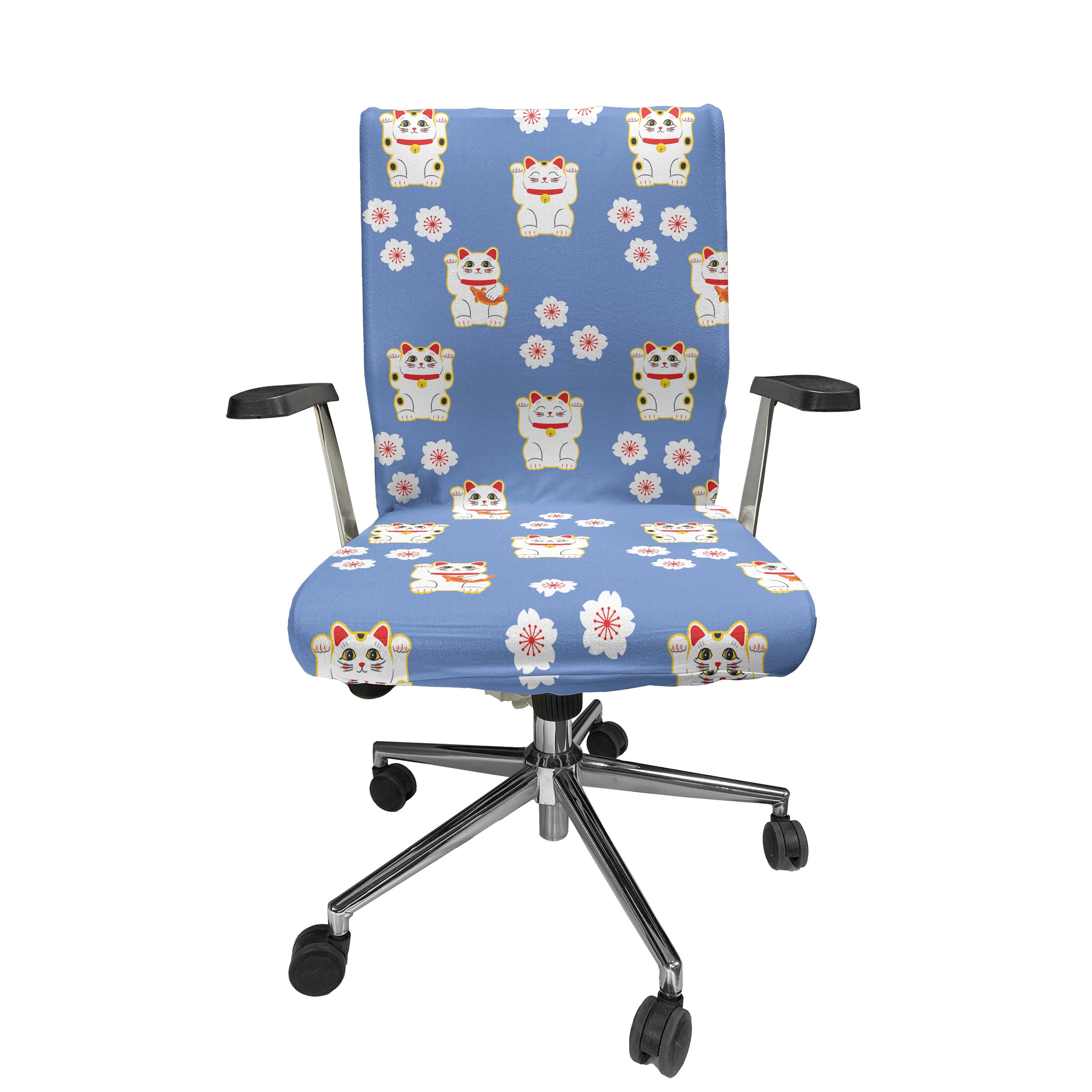 Ambesonne Cat Office Chair Cover Stretchable High Back Maneki Neko Cats Pattern Azure Blue Dark Pink