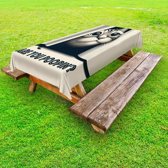 Ambesonne Cat Outdoor Tablecloth, Are You Poopin' Retro Funny, 58"x120", Dark Blue Ivory