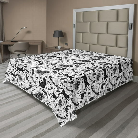 Ambesonne Cat Pattern Flat Bedding Sheet Soft Top Sheet, Starry Ambience Kittens, Queen, Off White Dark Grey