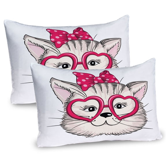 Ambesonne Cat Pillow Sham 2 Pack, Heart Shape Glasses Bow, 30"x20", Magenta Beige Black