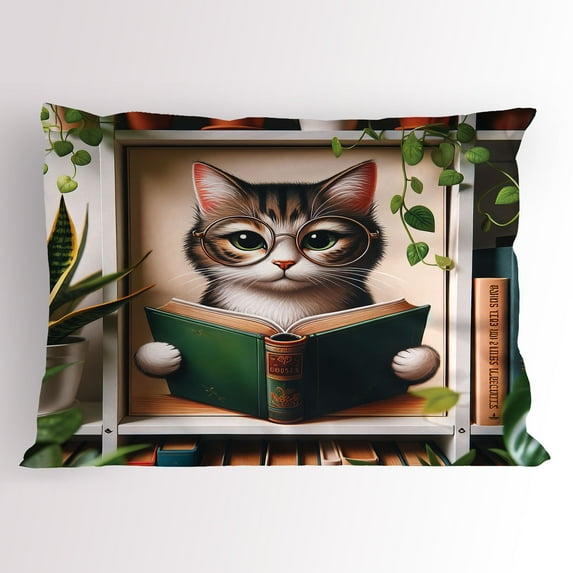 Ambesonne Cat Pillow Sham, Botanical Cozy Concept Bookworm, 36" X 20", Green Paprika Beige