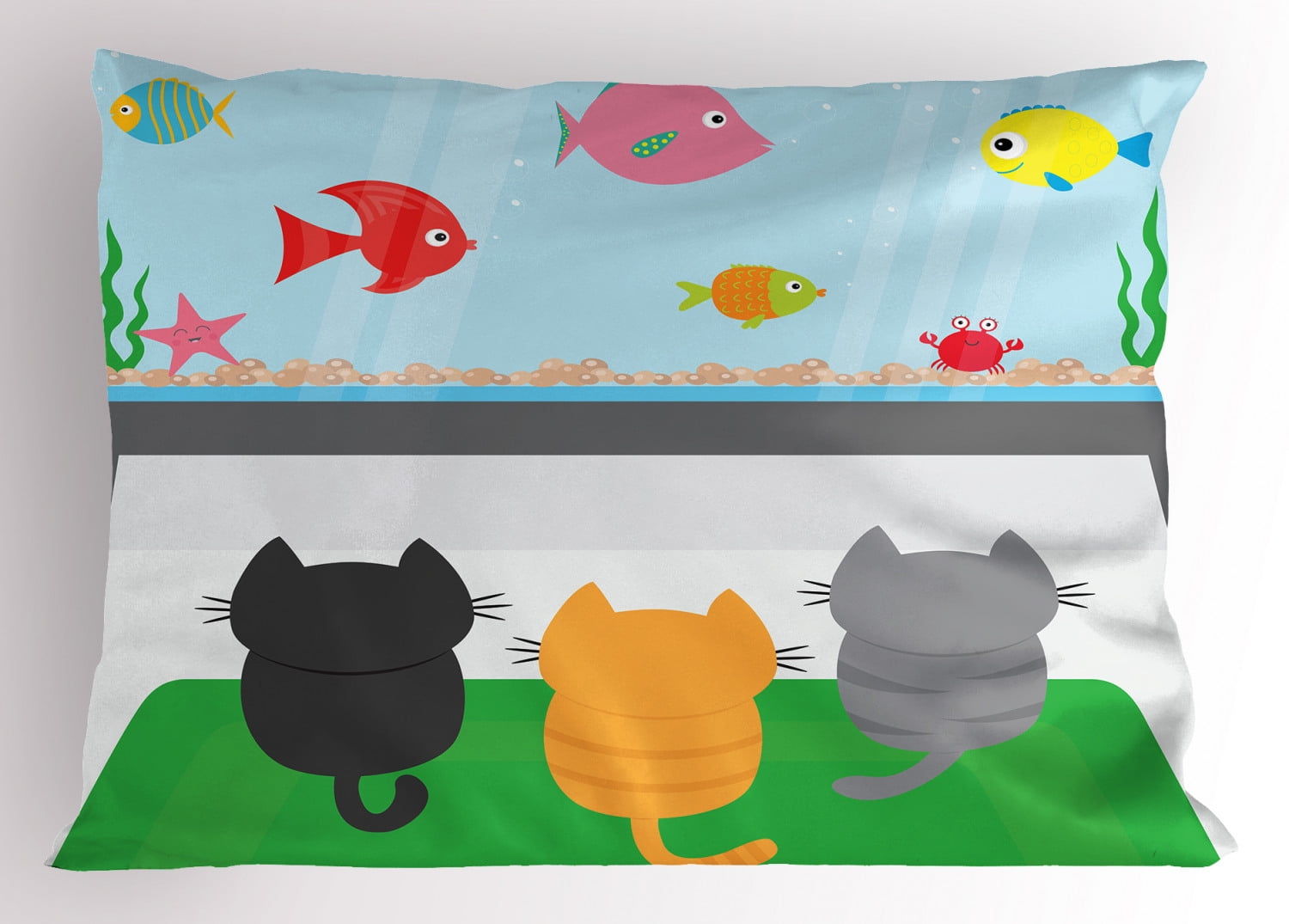 Kids Multicolor Polyester Cat and Fish Pillow Sham
