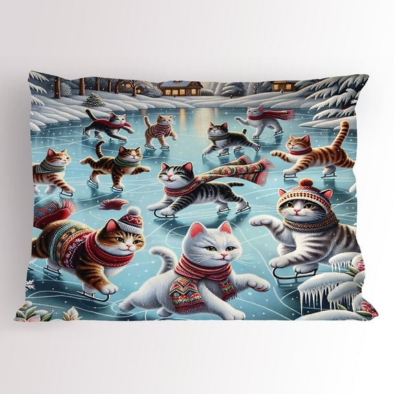 Ambesonne Cat Pillow Sham, Cottages Ice Skating Kitties, 36" X 20", Soft Blue Burnt Orange
