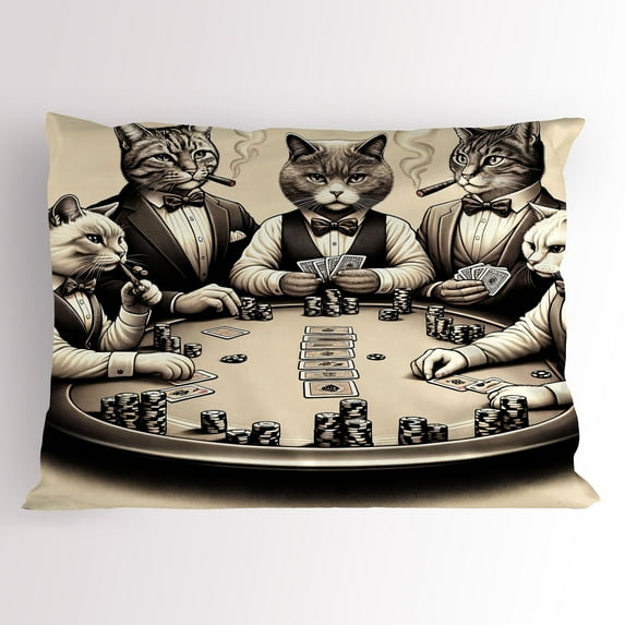 Ambesonne Cat Pillow Sham, Gentleman Kitties Playing Poker, 26" X 20", Ivory Dark Taupe