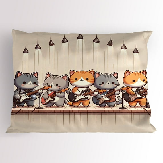 Ambesonne Cat Pillow Sham, Kawaii Kitty Guitarists Band, 26" X 20", Grey Orange and Pale Tan