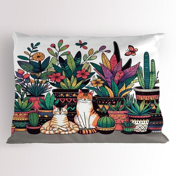 Ambesonne Cat Pillow Sham, Modern Blooms Kitties Cozy Calm, 26" X 20", Teal Pink and Purple