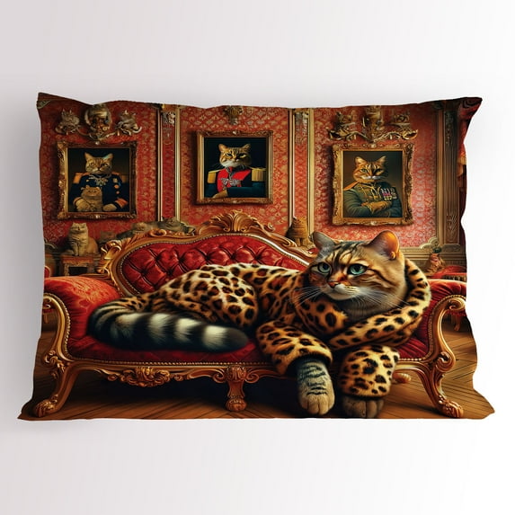 Ambesonne Cat Pillow Sham, Royal Kitty in Leopard Coat, 26" X 20", Marigold Salmon
