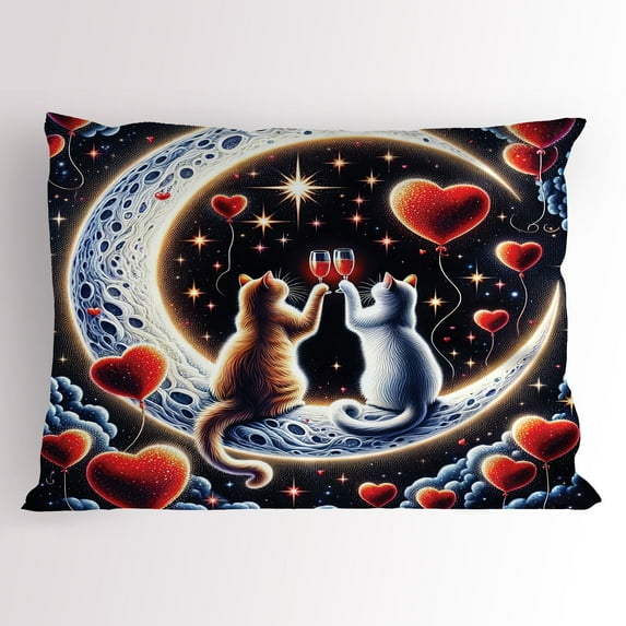 Ambesonne Cat Pillow Sham, Toasting Kitty Couple Moon Star, 26" X 20", Indigo and Scarlet