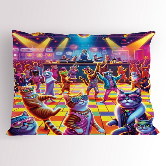 Ambesonne Cat Pillow Sham, Trippy Funny Kitty Disco Scene, 36" X 20", Fuchsia Multicolor