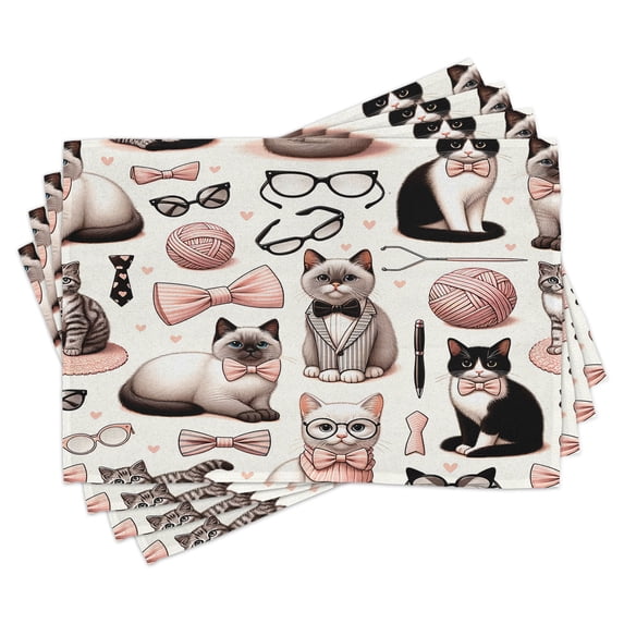 Ambesonne Cat Place Mats Set of 4, Funny Nerd Kitties Pastel Tones, Standard Size, Pale Pink Dark Taupe