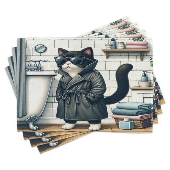 Ambesonne Cat Place Mats Set of 4, Mysterious Detective Kitty Bath, Standard Size, Charcoal Grey White