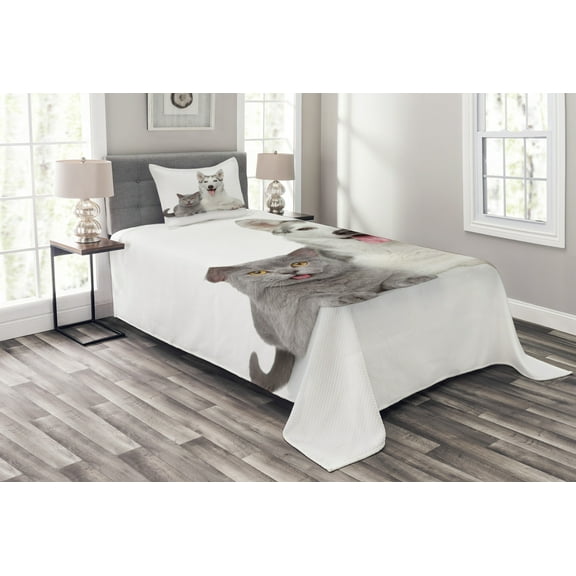 Ambesonne Cat Quilted Bedspread Set 2 Pcs, Animals Pets Dogs Digital, Twin Size, White and Grey
