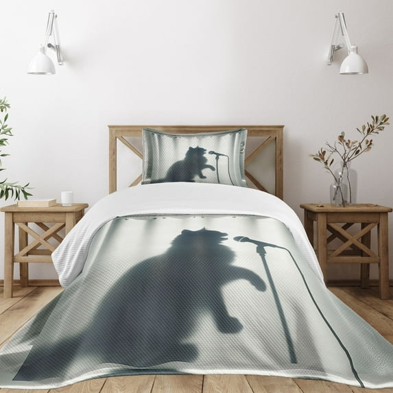 Ambesonne Cat Quilted Bedspread Set 2 Pcs, Bath Shadow of a Singing Kitty, Twin Size, Dark Blue Grey Off White