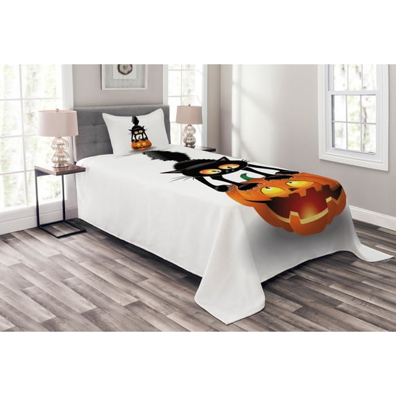 Ambesonne Cat Quilted Bedspread Set 2 Pcs, Cartoon Animal on Pumpkin, Twin Size, Orange Black
