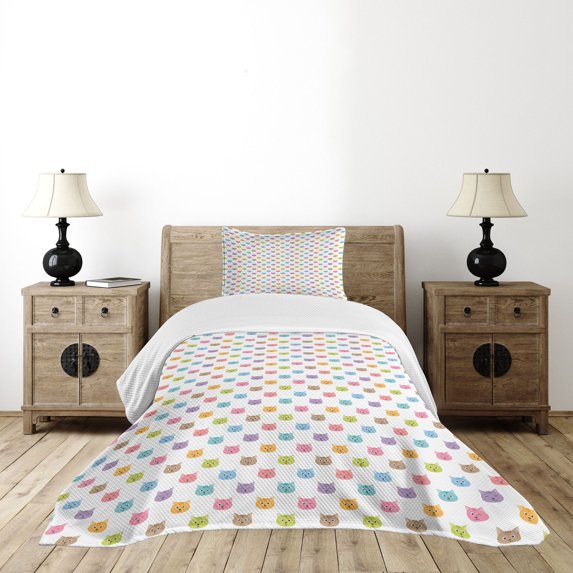Ambesonne Cat Quilted Bedspread Set 2 Pcs, Colorful Faces, Twin Size, Multicolor