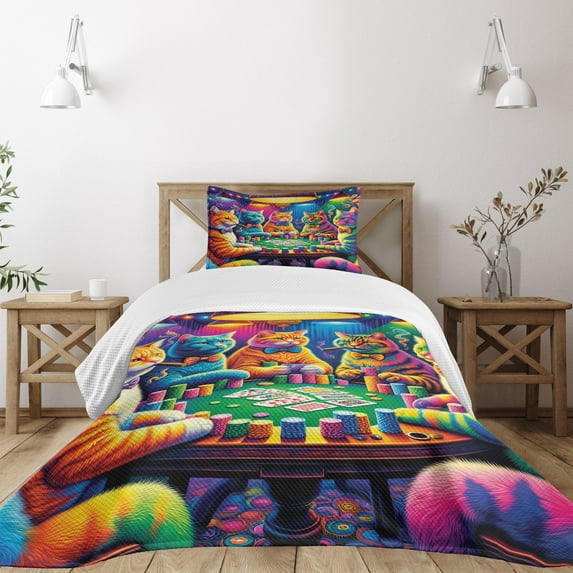 Ambesonne Cat Quilted Bedspread Set 2 Pcs, Colorful Kitties Play Poker, Twin Size, Magenta Orange and Purple