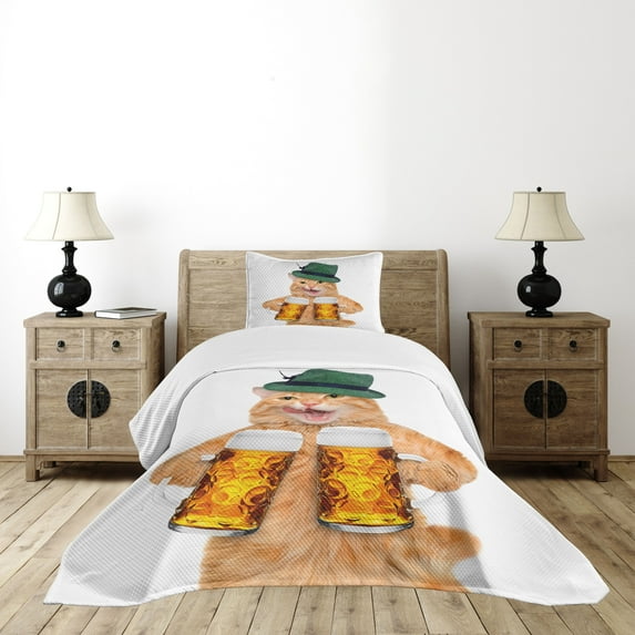 Ambesonne Cat Quilted Bedspread Set 2 Pcs, Cool Cat Hat Beer Mug Funny, Twin Size, Multicolor