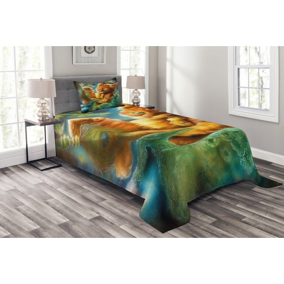 Ambesonne Cat Quilted Bedspread Set 2 Pcs, Fantasy Peacock, Twin Size, Orange Green Blue