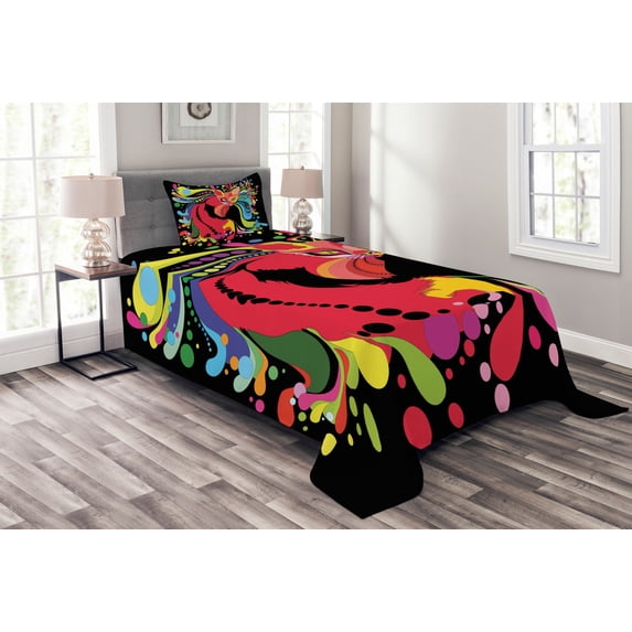Ambesonne Cat Quilted Bedspread Set 2 Pcs, Futuristic Rainbow, Twin Size, Multicolor