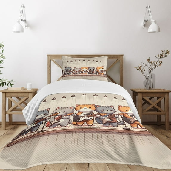 Ambesonne Cat Quilted Bedspread Set 2 Pcs, Kawaii Kitty Guitarists Band, Twin Size, Grey Orange and Pale Tan