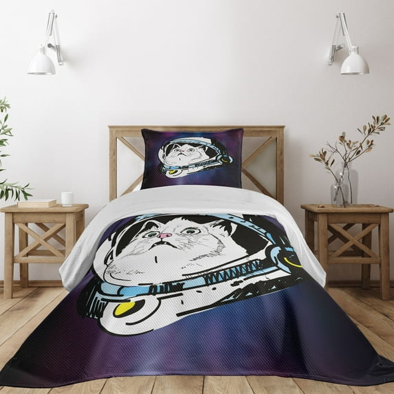 Ambesonne Cat Quilted Coverlet 2 Pcs, Kitten Astronaut Cosmic, Twin Size, Purple White