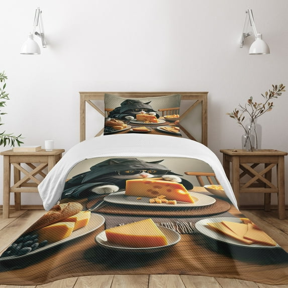 Ambesonne Cat Quilted Bedspread Set 2 Pcs, Kitty Having Feast with Cheese, Twin Size, Marigold and Charcoal Grey