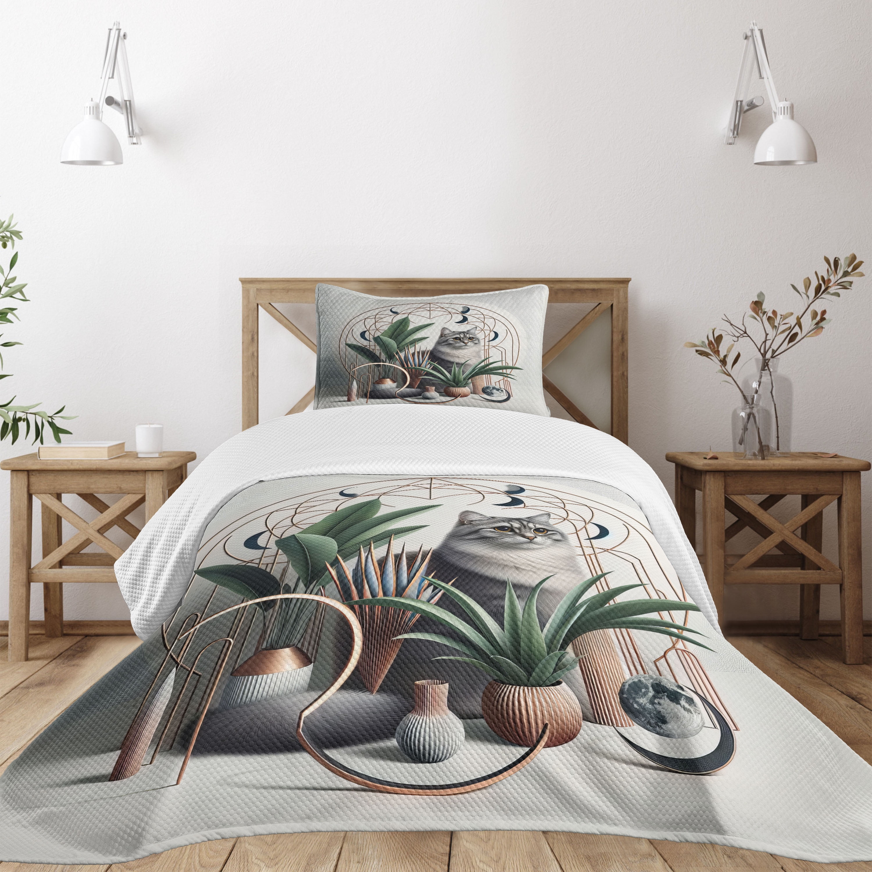 Gray Microfiber Twin Bedspread Set with Cat Design
