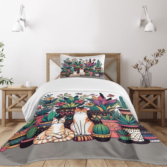 Ambesonne Cat Quilted Bedspread Set 2 Pcs, Modern Blooms Kitties Cozy Calm, Twin Size, Teal Pink and Purple