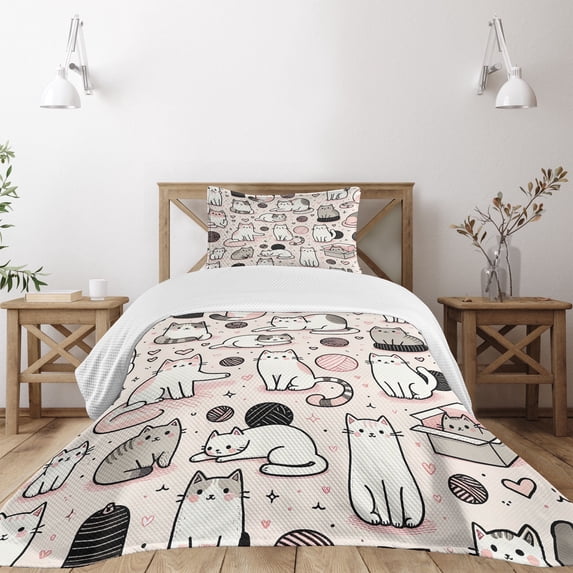 Ambesonne Cat Quilted Bedspread Set 2 Pcs, Pastel Simplistic Drawn Kitties, Twin Size, Rose and Pale Grey
