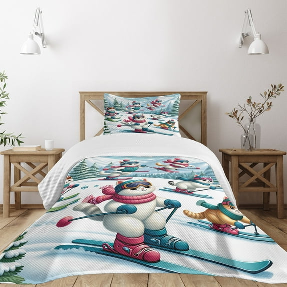 Ambesonne Cat Quilted Bedspread Set 2 Pcs, Snowy Cartoon Skiing Kitties, Twin Size, Pale Blue Raspberry White