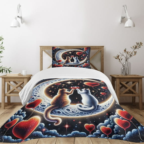 Ambesonne Cat Quilted Bedspread Set 2 Pcs, Toasting Kitty Couple Moon Star, Twin Size, Indigo and Scarlet