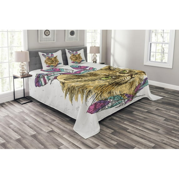 Ambesonne Cat Quilted Bedspread Set 3 Pcs, Cat with Colorful Feathers, Queen Size, Multicolor