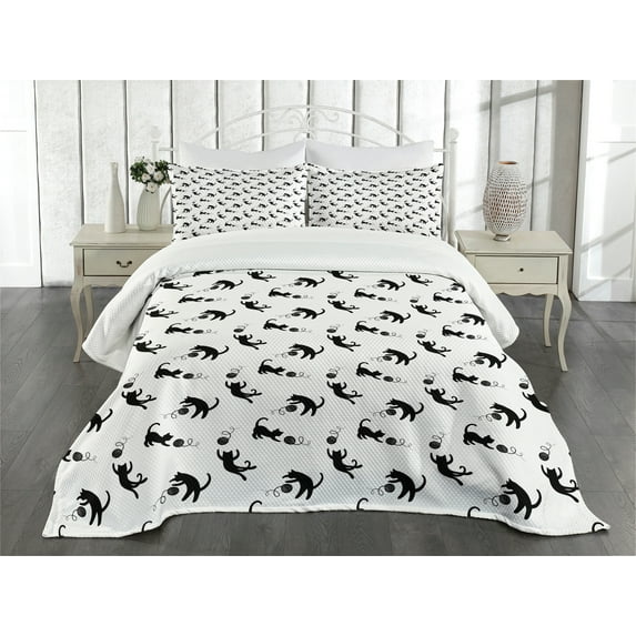 Ambesonne Cat Quilted Bedspread Set 3 Pcs, Chasing After Yarn Balls, King Size, Black White