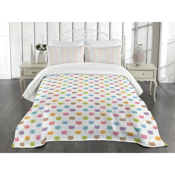 Ambesonne Cat Quilted Bedspread Set 3 Pcs, Colorful Faces, King Size, Multicolor