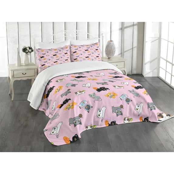 Ambesonne Cat Quilted Bedspread Set 3 Pcs, Colorful Kittens, Queen Size, Multicolor