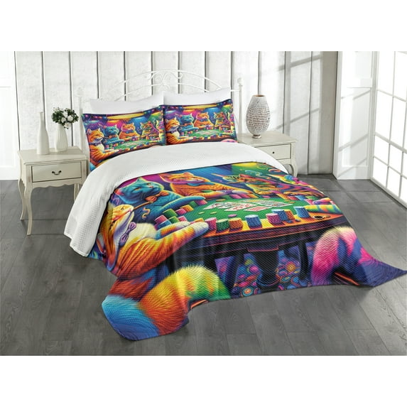 Ambesonne Cat Quilted Bedspread Set 3 Pcs, Colorful Kitties Play Poker, King Size, Magenta Orange and Purple