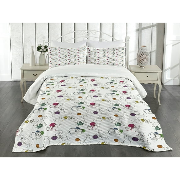 Ambesonne Cat Quilted Bedspread Set 3 Pcs, Colorful Yarn Balls Pets, Queen Size, Multicolor