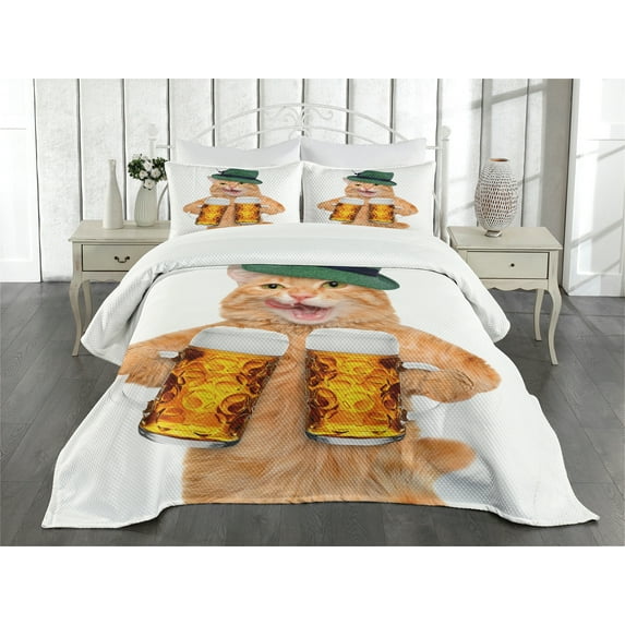 Ambesonne Cat Quilted Bedspread Set 3 Pcs, Cool Cat Hat Beer Mug Funny, Queen Size, Multicolor