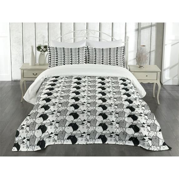 Ambesonne Cat Quilted Bedspread Set 3 Pcs, Doodle Characters, King Size, Black White