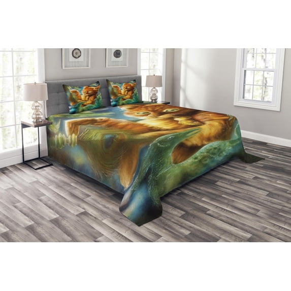 Ambesonne Cat Quilted Bedspread Set 3 Pcs, Fantasy Peacock, Queen Size, Orange Green Blue