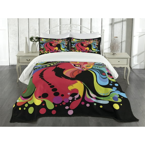 Ambesonne Cat Quilted Bedspread Set 3 Pcs, Futuristic Rainbow, King Size, Multicolor