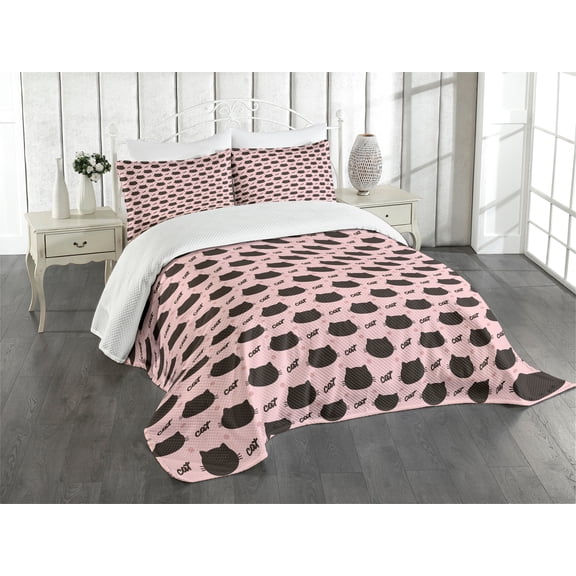 Ambesonne Cat Quilted Bedspread Set 3 Pcs, Head Silhouettes Dots Kitten, Queen Size, Seal Brown Coral