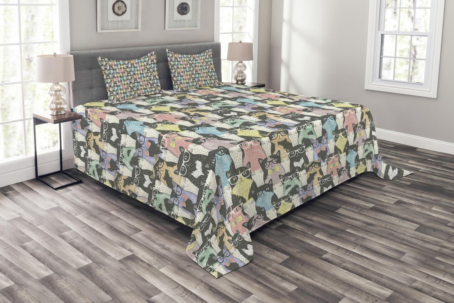 Ambesonne Ambesonne Cat Bedspread Set Hipster Cats with Glasses Multicolor