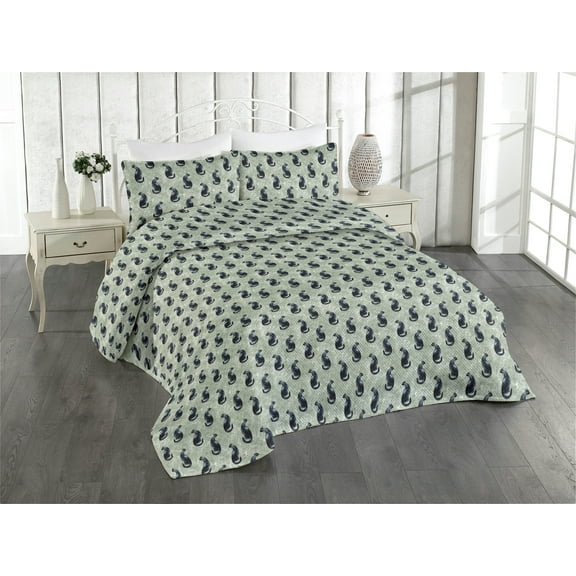 Ambesonne Cat Quilted Bedspread Set 3 Pcs, Ivy Branches Art Kitty Pattern, Twin, Sage Green and Dark Blue