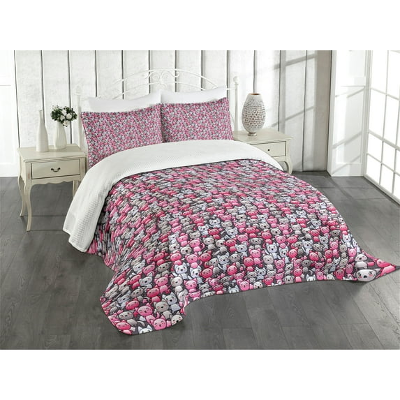 Ambesonne Cat Quilted Bedspread Set 3 Pcs, Kawaii Doodle Humor, Queen Size, Pink Tan Lilac