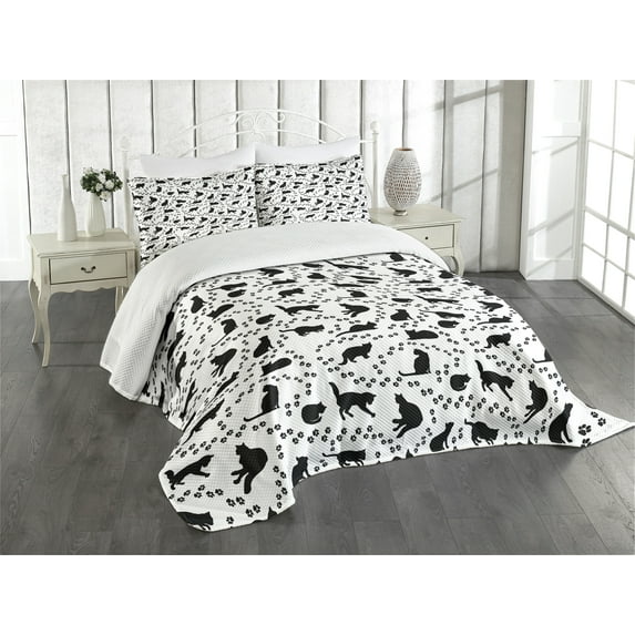 Ambesonne Cat Quilted Bedspread Set 3 Pcs, Kittens Footprints Paws, King Size, Black and White