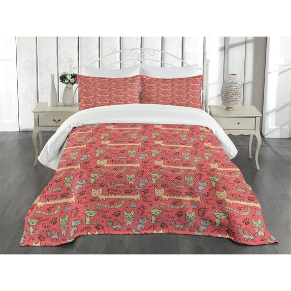 Ambesonne Cat Quilted Bedspread Set 3 Pcs, Kitty Doodle Paws Bow Tie, King Size, Multicolor