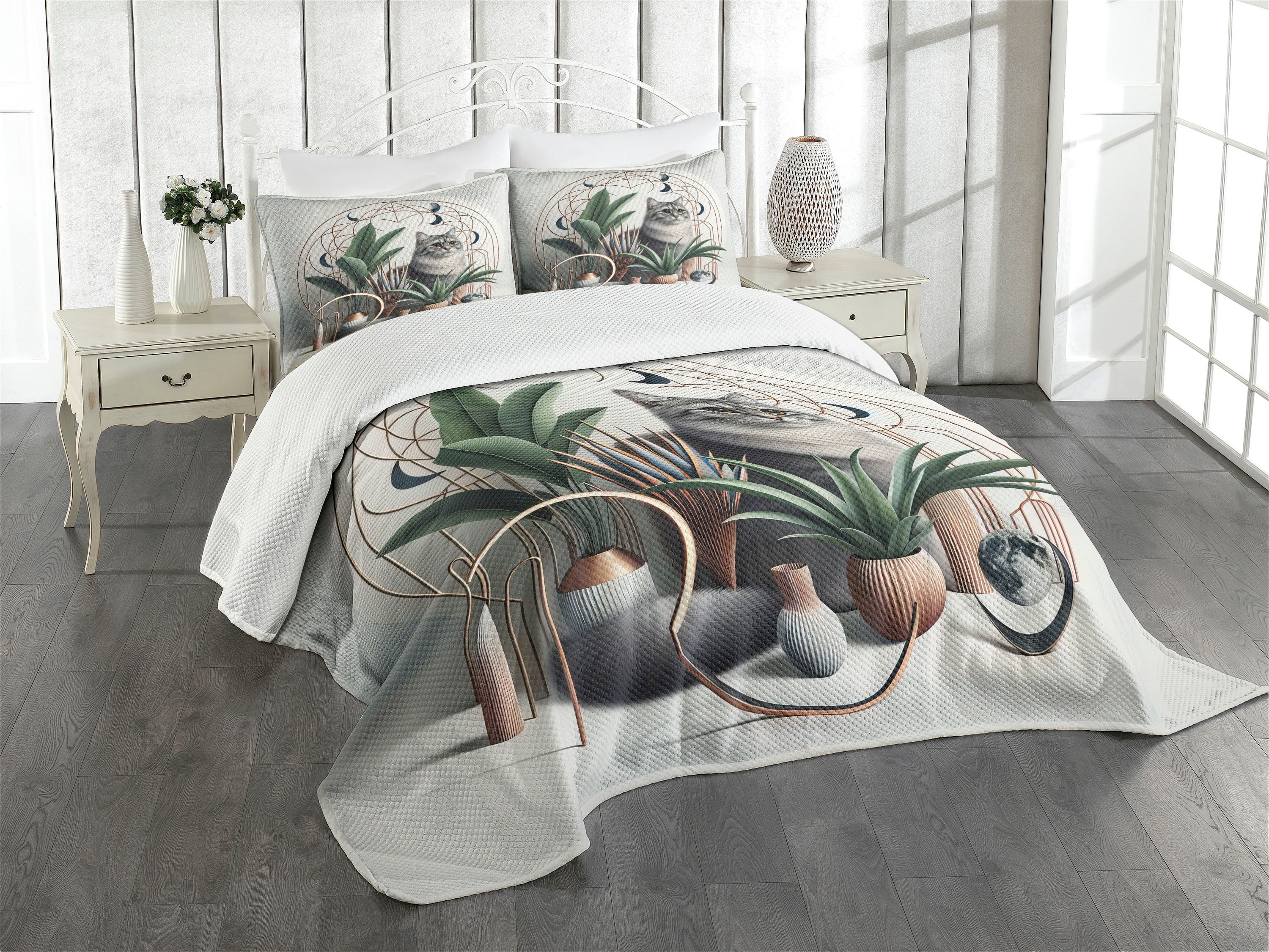 Grey Green Pale Rust Cat and Plant Queen Coverlet Set
