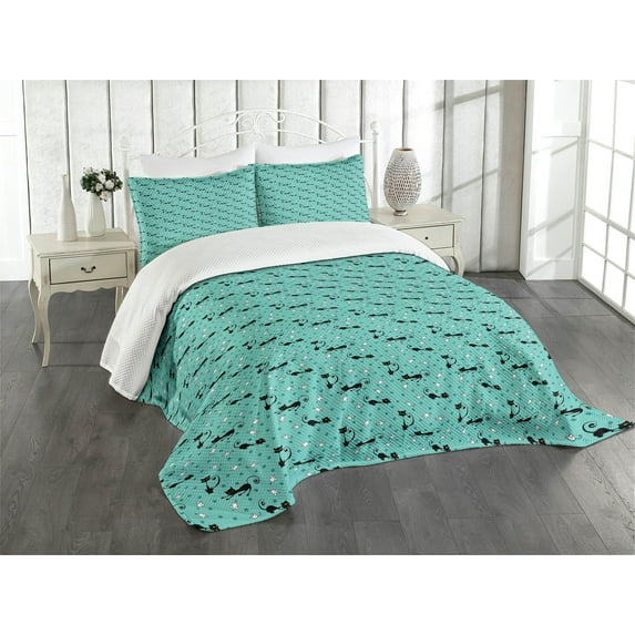 Ambesonne Cat Quilted Bedspread Set 3 Pcs, Mice Paw Prints Fun Cartoon, Queen Size, Seafoam Black White
